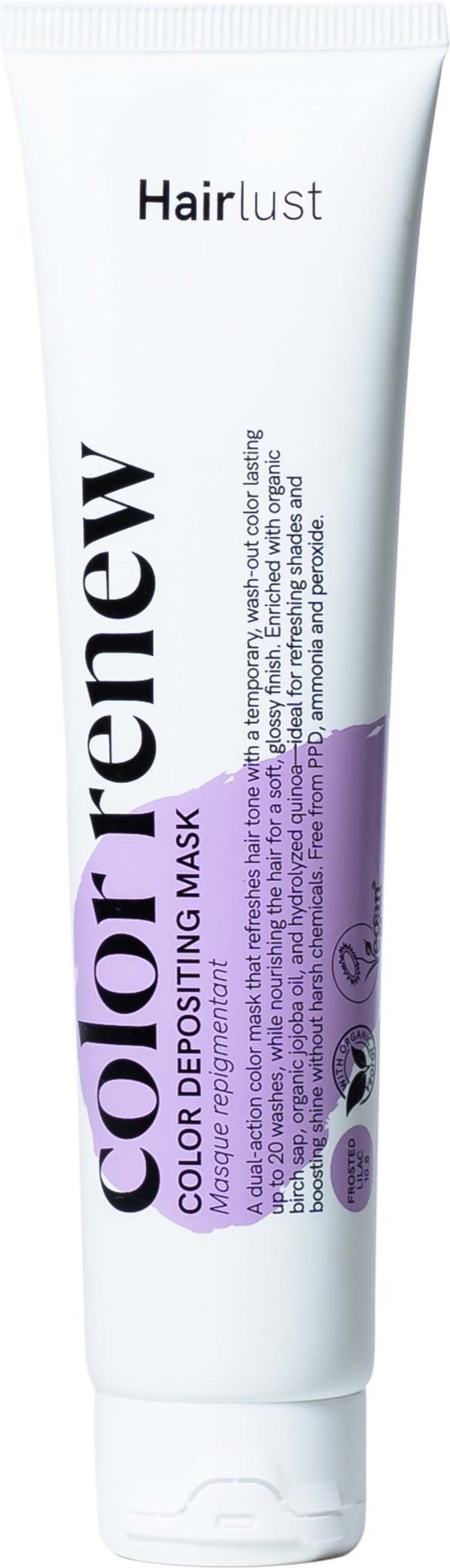 En hvit tube med hårmaske og lilla etikett, med teksten Color Renew av Hairlust, for fargebevarende hårpleie.