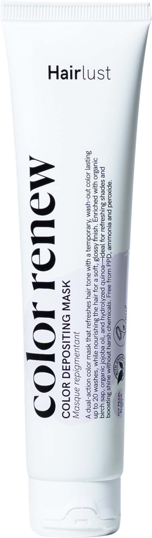 Hvit tube med hårfargestoffmaske med svart og lilla tekst, Hairlust-logo og produktnavn Color Renewal.