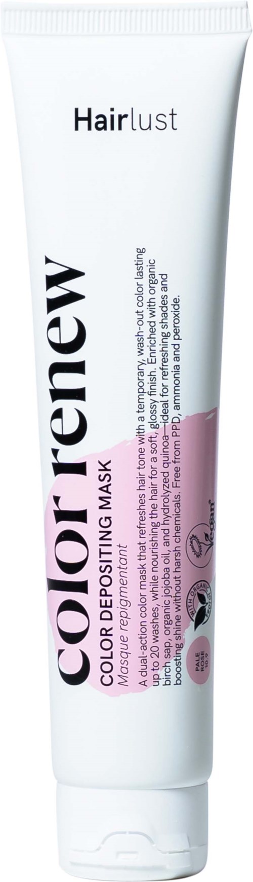 En hvit tube med Color Renew hårkur med rosa etikett og svart og rosa tekst.