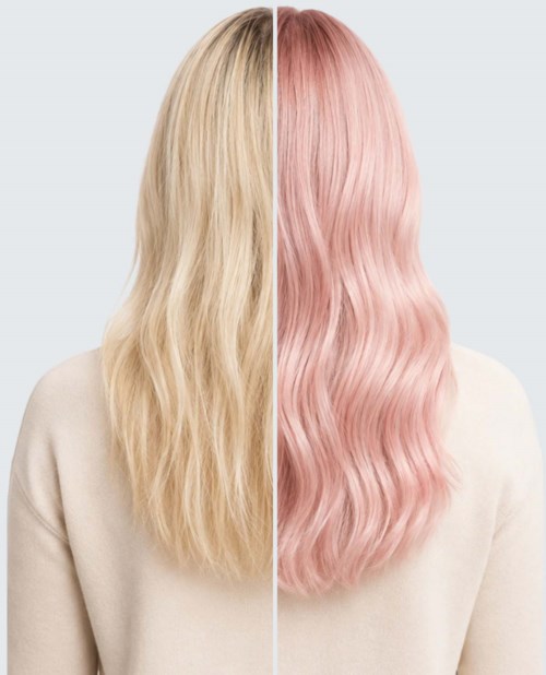 Delt bilde som viser blondt hår til venstre og rosa bølget hår til høyre på en person i beige topp.