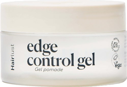 En hvit krukke med edge control gel med beige lokk, merket med produktnavn, vegansymbol og 0 % parfyme.