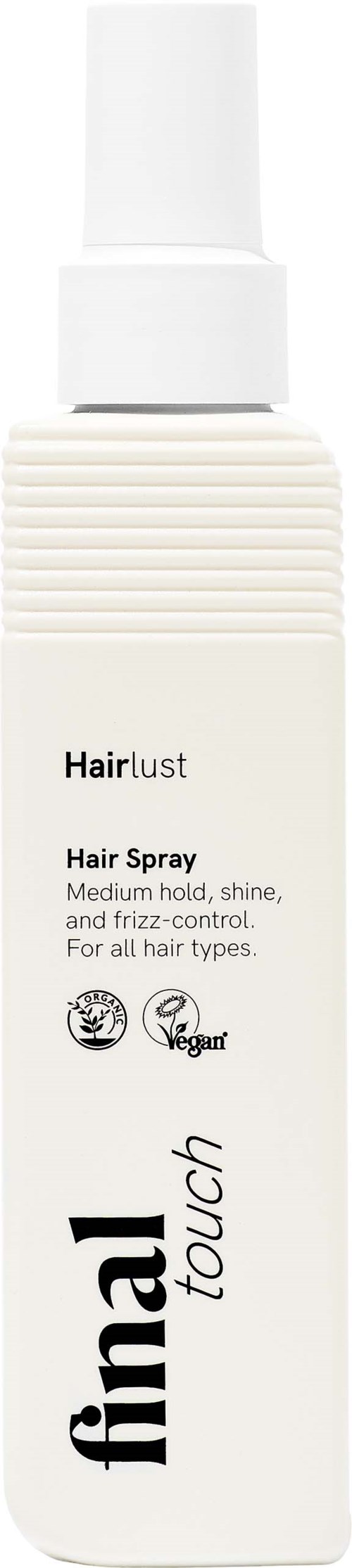 Hairspray i en vit flaska med sprayhuva, märkt final touch, för medium stadga, glans och frizzkontroll.