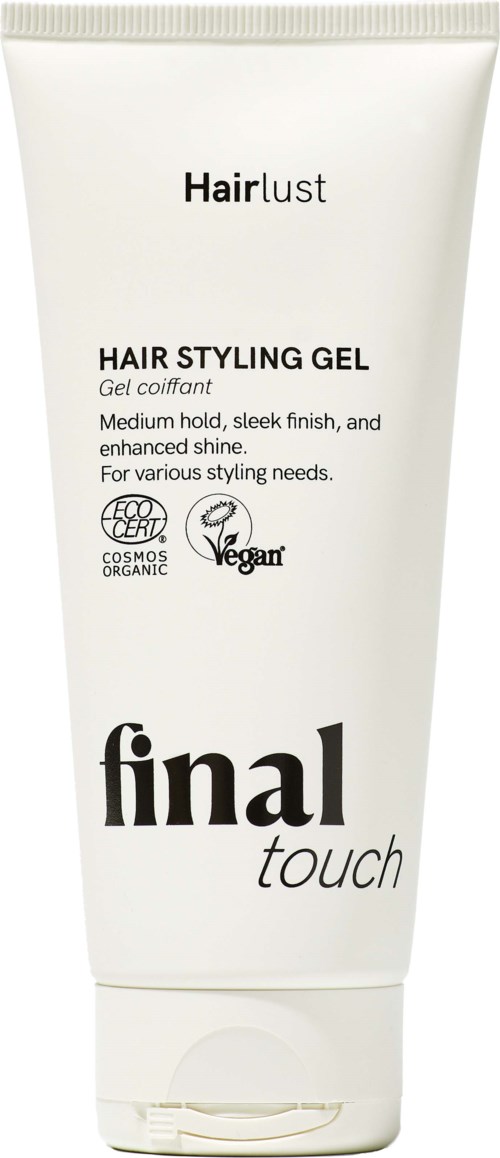 Final Touch hårstylingsgel på vit tub med svart text, vegan och ekologiska märken.