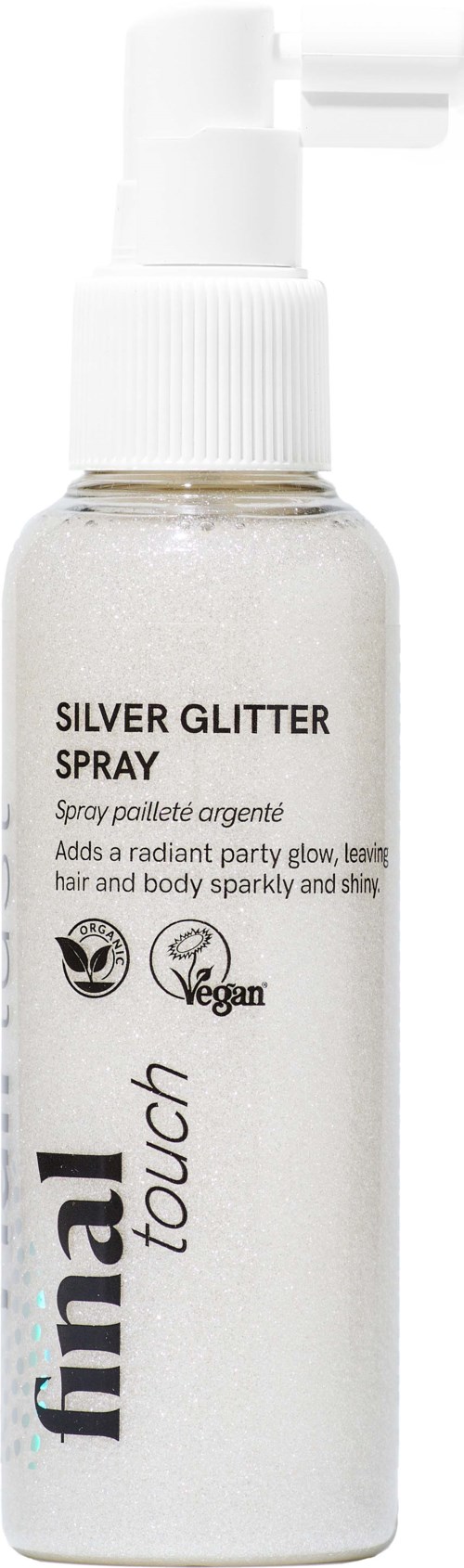 SIlverglitter sprayflaske med hvit pumpe, etikett med produktnavn og ikoner for vegan og miljøvennlighet.