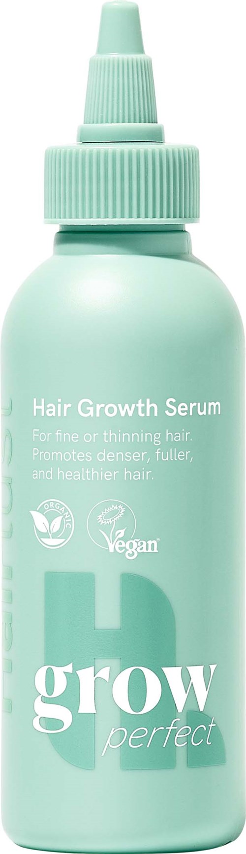 A mint green bottle of hair growth serum with a pump top, labeled for supporting healthy, fuller, and stronger hair.
