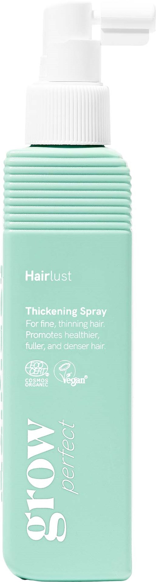 Grønn sprayflaske med hvit pumpe merket Hairlust Tykkehetspray for tynt hår.