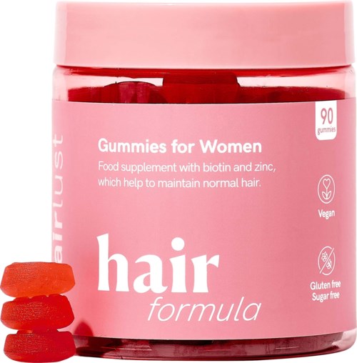 Pink beholder med hårvitaminer for kvinner, 90 gummies, vegansk, glutenfri og sukkerfri.