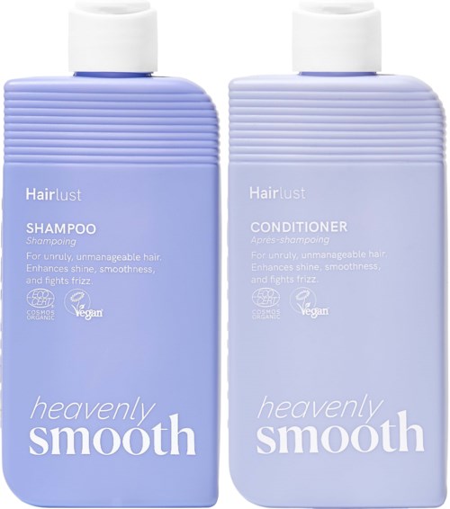 Two lavender bottles labeled shampoo and conditioner with white caps, designed for smooth, shiny, frizz-free hair.