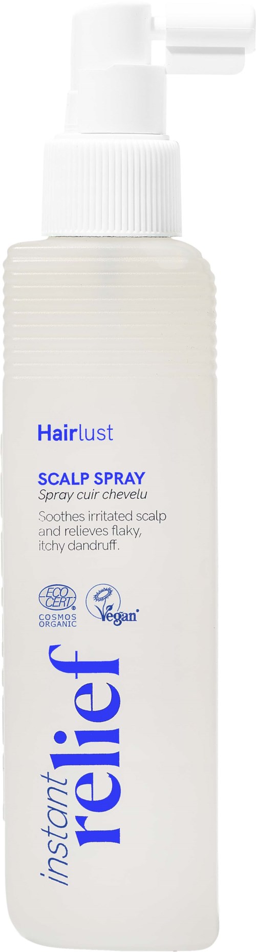 En vit flaska med Hairlust hårskalpsspray med pump, märkt för att lugna irriterad skalp och mot klåda.