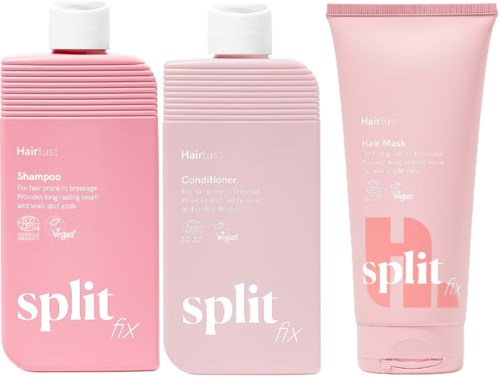 Tre rosa hårpleieprodukter: sjampo, balsam og hårmaske fra merket Split Fix med hvite etiketter.