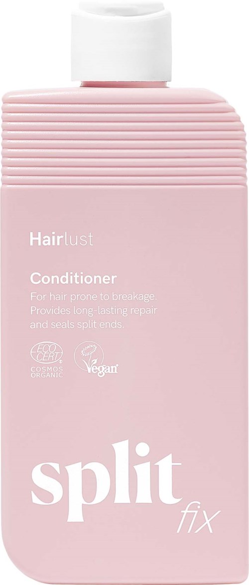 Lyserosa hårbalsamflaske med hvit kork, merket Hairlust, vegansk, og split fix.