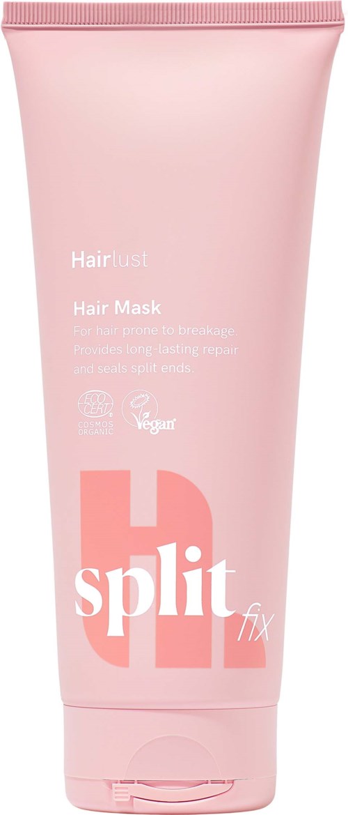 Pink hårmasketube med hvit og mørkere rosa tekst, inkludert ordene Hair List og split repair.