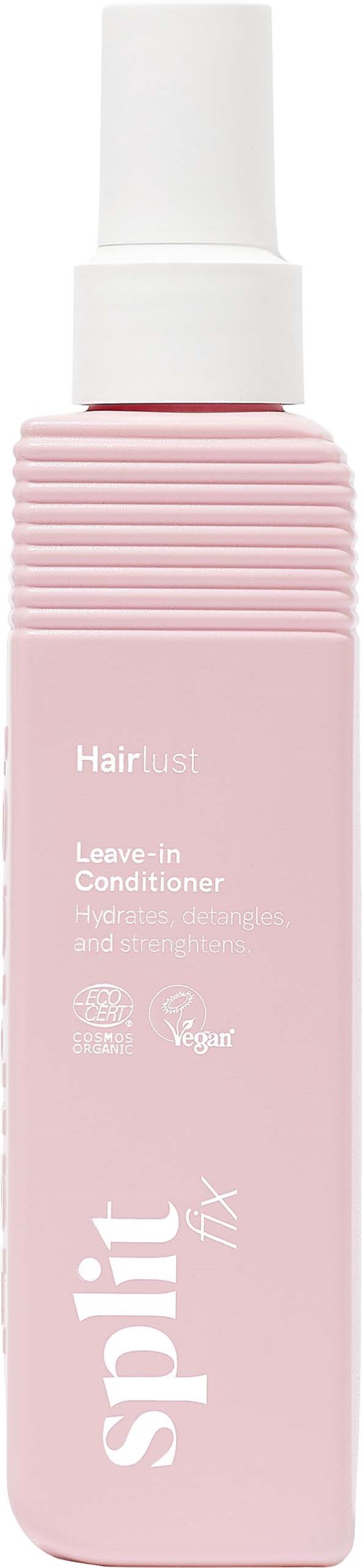 En rosa flaska leave-in hårbalsam med vit pump.