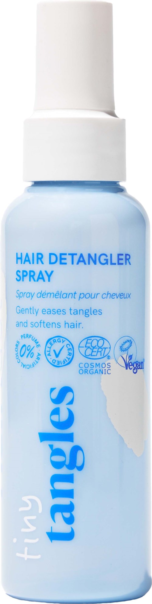 A white and blue bottle of hair detangler spray with a pump top, labeled Tangle Tiny Hair Detangler Spray.