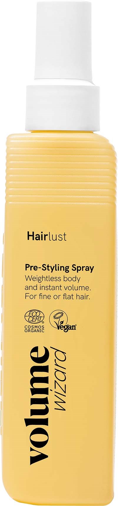 Keltainen pullo Hair Lust Pre-Styling Spray painottoman vartalon ja volyymin lisäämiseen, sopii ohuelle tai tasaiselle hiukselle.