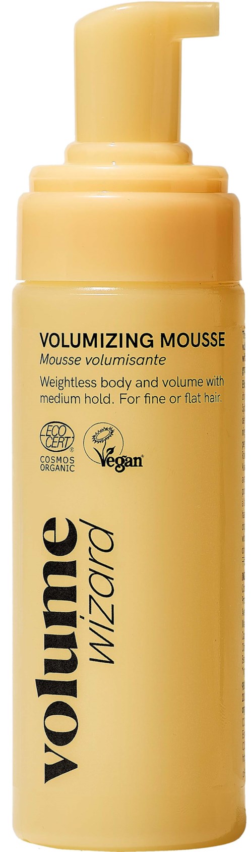 Gul flaska med Volumizing Mousse med svart och vitt text, vegan- och ekologimärken, och pump.