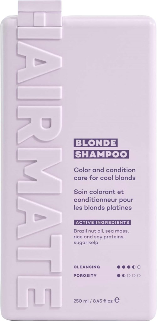 Een lichtpaarse shampoo-flacon met 'Blonde Shampoo' voor koel blonde haren, met ingrediënten en gebruiksinstructies.