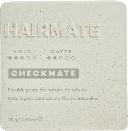 It is a hair styling product called HAIRMATE with hold and matte options, and a brand name Checkmate. Shows weight and instructions.