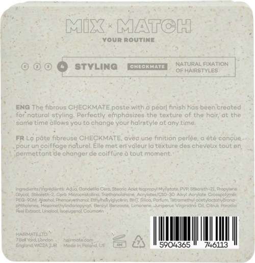 A product label describing a hairstyling paste with a pearl finish for natural, flexible hairstyles.
