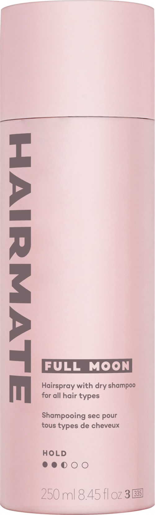 Een roze cilindervormige fles met 'Harimate' en 'Full Moon' shampoo.