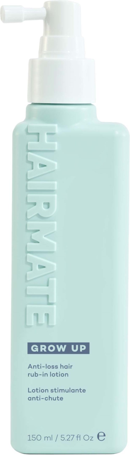 Lichtblauwe fles met witte pomp, gelabeld 'Haarmatte' en 'Grow Up', voor haargroei en haaruitval.