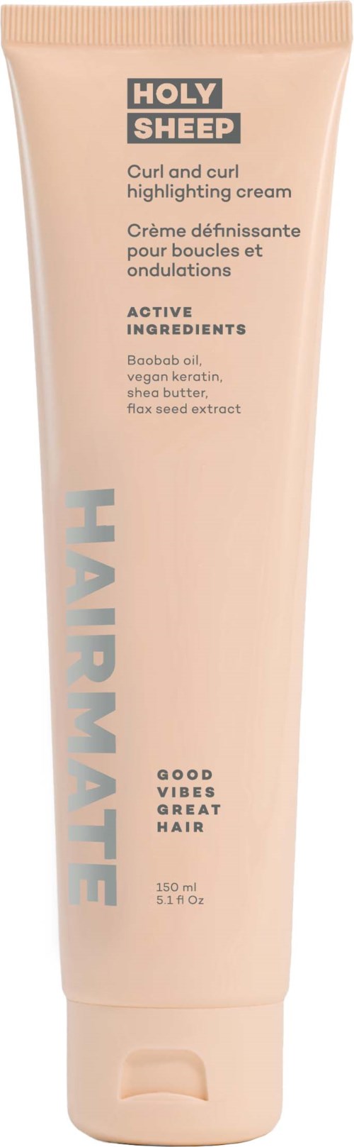 Een roze tube Holy Sheep krul- en glansversterkende crème voor goed haar met actieve ingrediënten en veganistische, glutenvrije kenmerken.