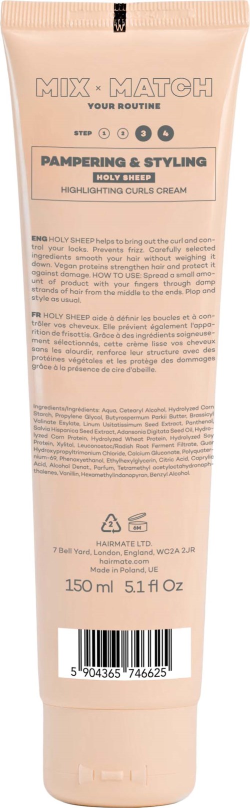 Een roze tube Holy Hemp highlighting curls crème, met tekst over verzorgen en stylen. Bevat 150 ml.