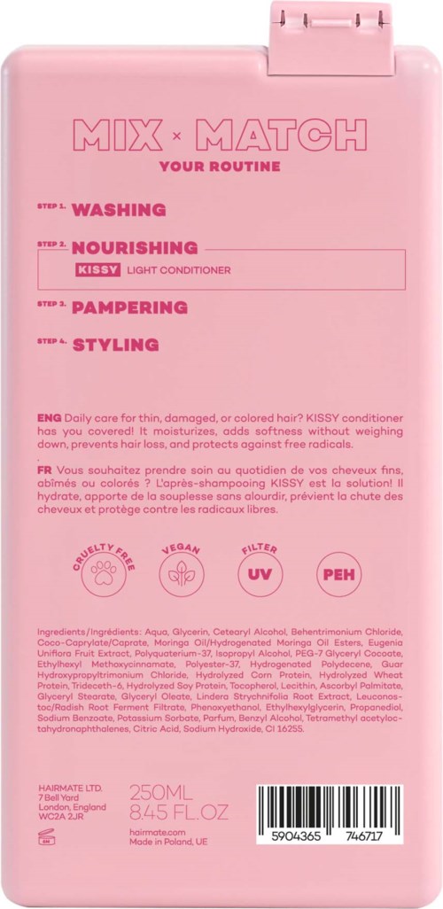 Kleine roze fles met instructies voor haarverzorging: wassen, voeden, verzorgen, stylen en uitleg. Bevat UV- en PEH-informatie.