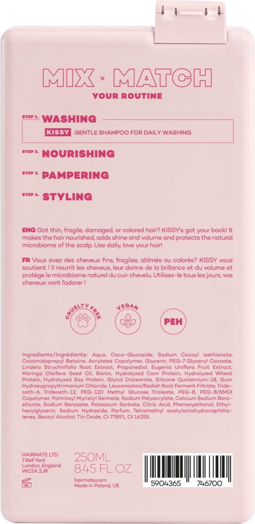 Een roze haarverzorgingsfles met vier stappen: wassen, voeden, verwennen en stylen, met instructies in het Frans. Bevat 250 ml.