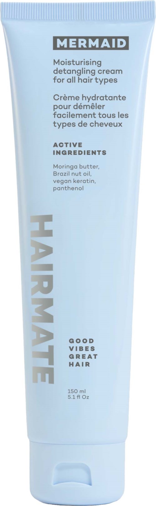Lichtblauwe tube met Mermaid vochtinbrengende ontklitsecreme voor alle haartypes, met actieve ingrediënten zoals arganolie en sheaboter.