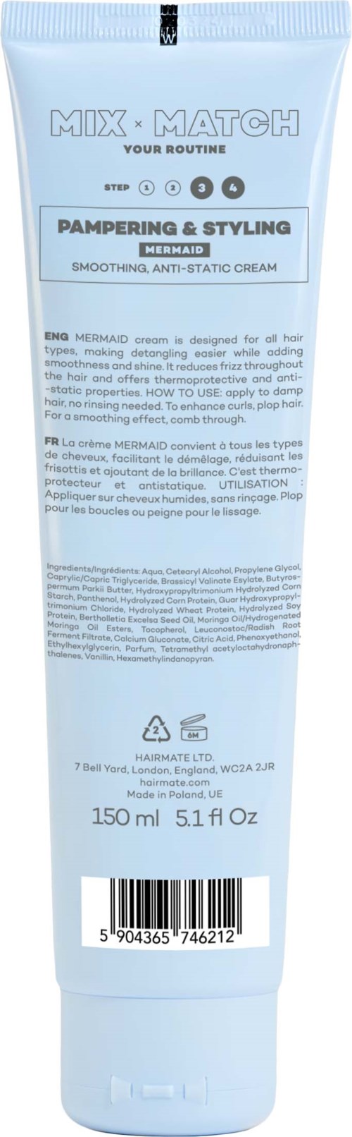 Een lichtblauwe tube haarcrème met tekstlabel, inclusief merk en gebruiksdetails, staand.
