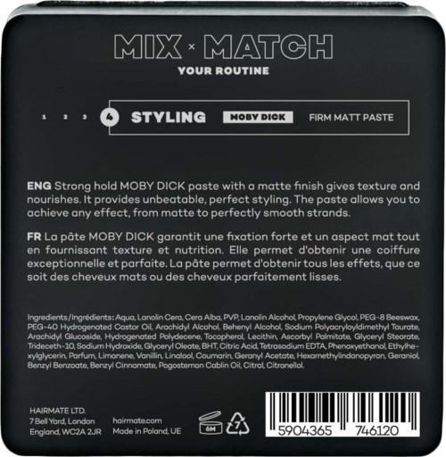 Productlabel met instructies in het Engels en Frans, bevat ingrediënten en merkdetails voor stylingpasta.