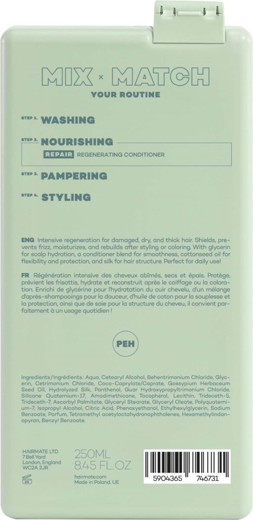 Een lichtgroene fles met instructies voor wassen, verzorgen, verwennen en stylen van haar, met barcode en productinformatie.
