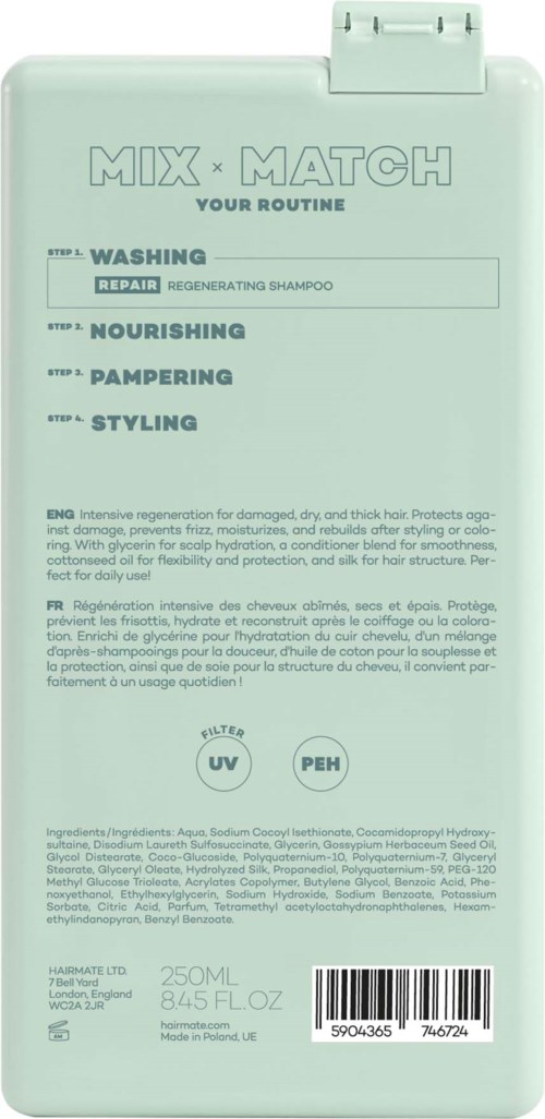 Achterkant van een cosmeticafles met instructies voor wassen, voeden, verwennen en stylen. Bevat ingrediëntenlijst en streepjescode.