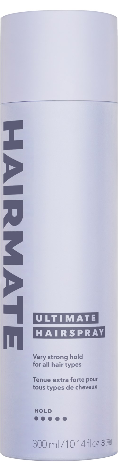 Een hoge, witte sprayfles met label 'HARMATE ULTIMATE HAIRSPRAY' en details over haar op zijn plek houden.