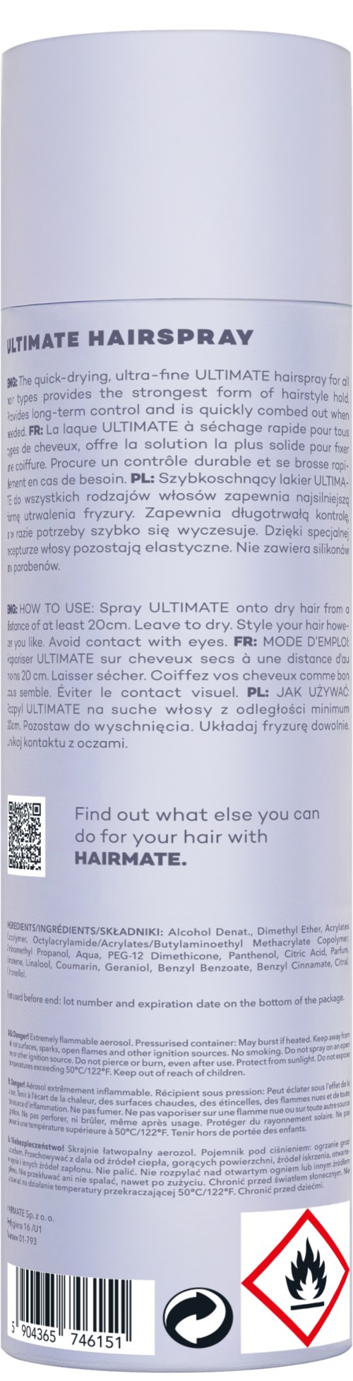 Een lang wit spuitbus met label "Ultimate Hairspray", veiligheidswaarschuwingen en barcode.