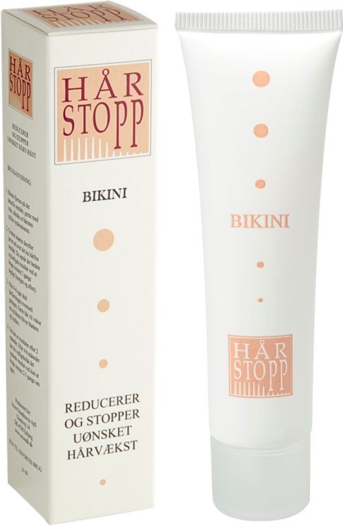 A white tube and box of hair product labeled 'Bikini' from Har Stopp with minimal design.