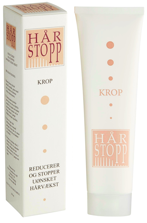 A white tube and box with pink text and dots, likely a hair product for stopping hair loss.