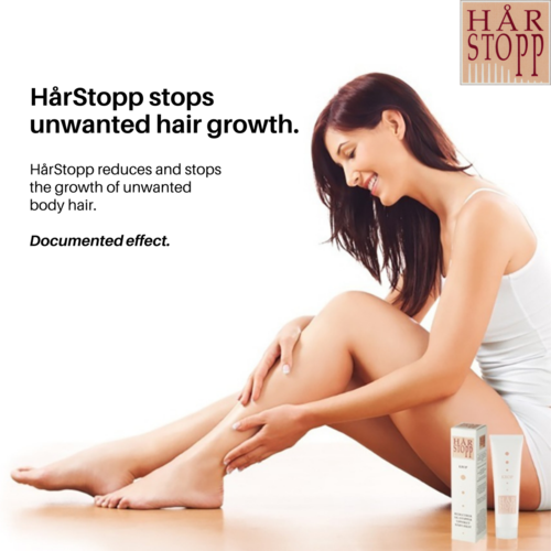 A woman smiling and gently touching her legs, with a product box and tube nearby, promoting hair growth stoppage.