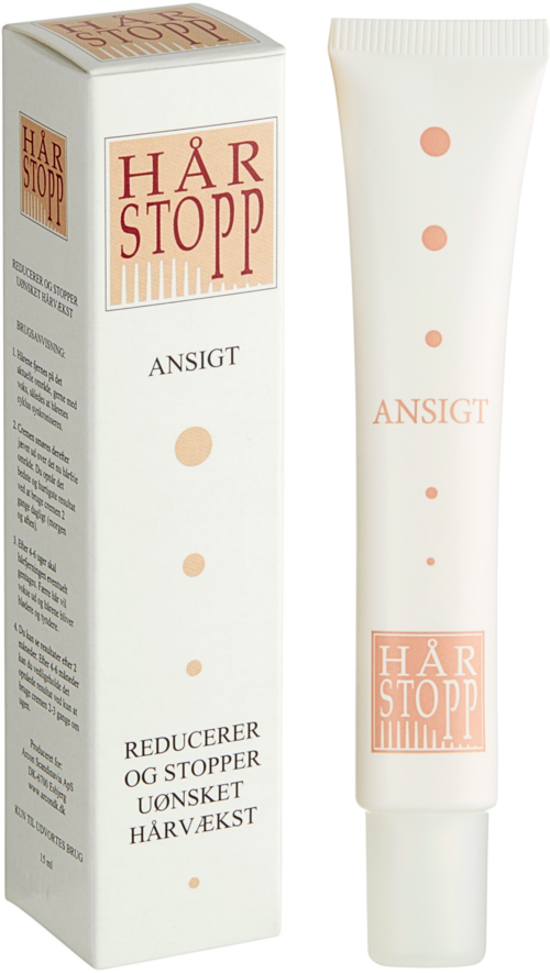 A white tube and box of facial cream with orange dots and text, used to reduce unwanted facial hair.
