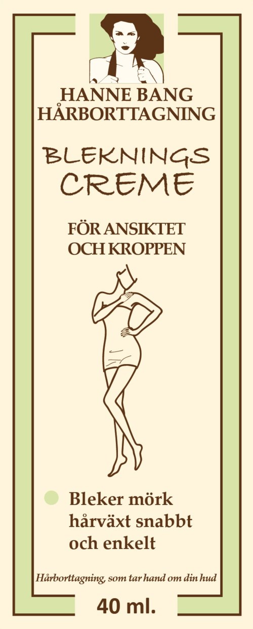 En vertikal etikett med text och en teckning av en kvinna som applicerar kräm, marknadsför hudljusterande produkt, 40 ml.
