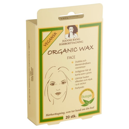 Eine Verpackung mit veganem Bio-Gesichtswachs, einfachen Anweisungen und einer Zeichnung eines Frauen Gesichts.