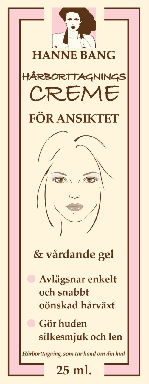 Ein Etikett für ein Hautpflegeprodukt mit einer Frauenskizze, Produktname und Vorteilen in Deutsch.
