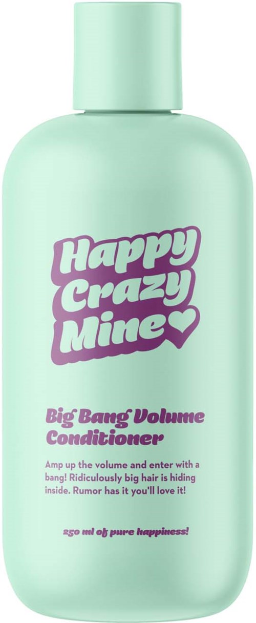 Een muntgroene fles met "Happy Crazy Mine" Big Bang Volume Conditioner metpaarse tekst en een hartje.