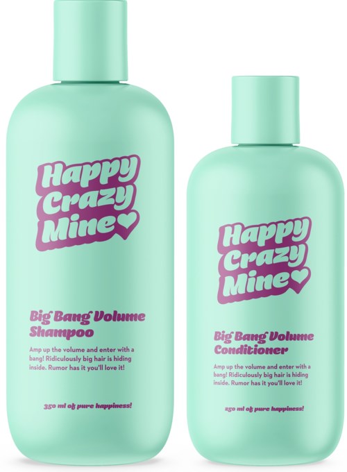 Twee muntgroene flessen haarproducten, shampoo en conditioner, met paarse en roze tekst en harten.