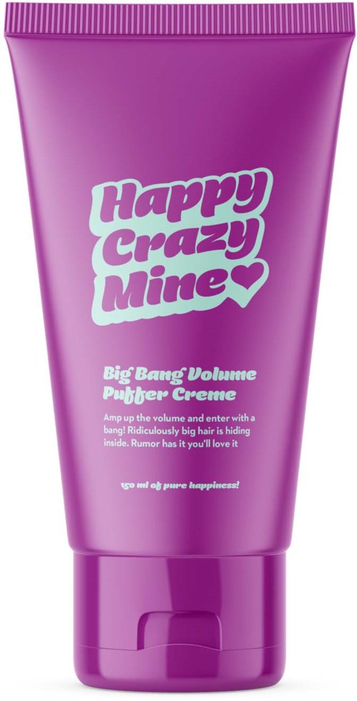 Een paarse tube haarverzorgingsproduct genaamd "Happy Crazy Mine" met speelse tekst en hart, bevordert volume en plezier.