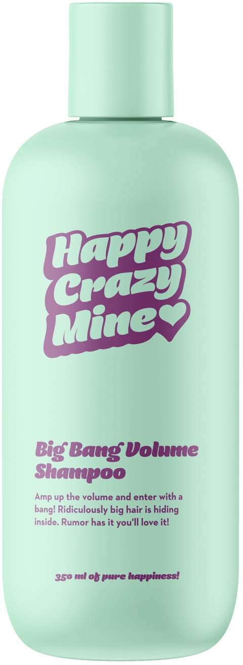 Een lichtblauw shampoo flesje met paarse tekst 'Happy Crazy Mine' en 'Big Bang Volume Shampoo'.