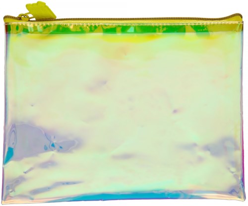 Eine glänzende, mehrfarbige Tasche mit gelbem Reißverschluss, die Farben und Licht reflektiert.