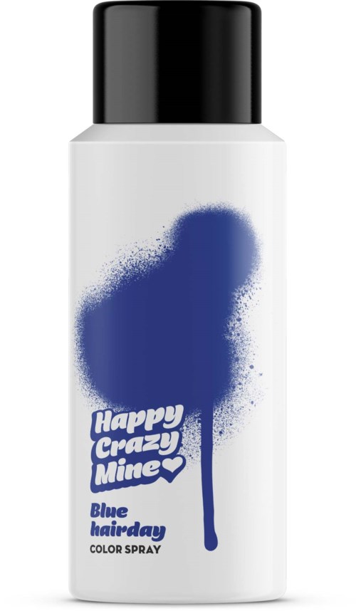 A white spray bottle with a black cap, blue paint splash design, and text about a blue hair dye spray.
