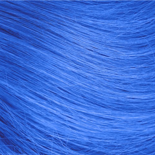 Close-up of blue synthetic hair or fiber strands, showing fine, smooth texture and vibrant color.